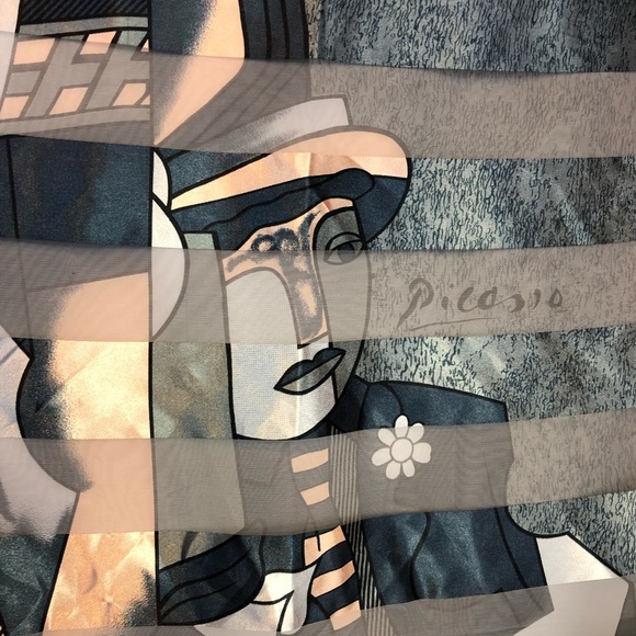 Picasso blue silky illustrated stripe square scarf - Picture 7 of 7